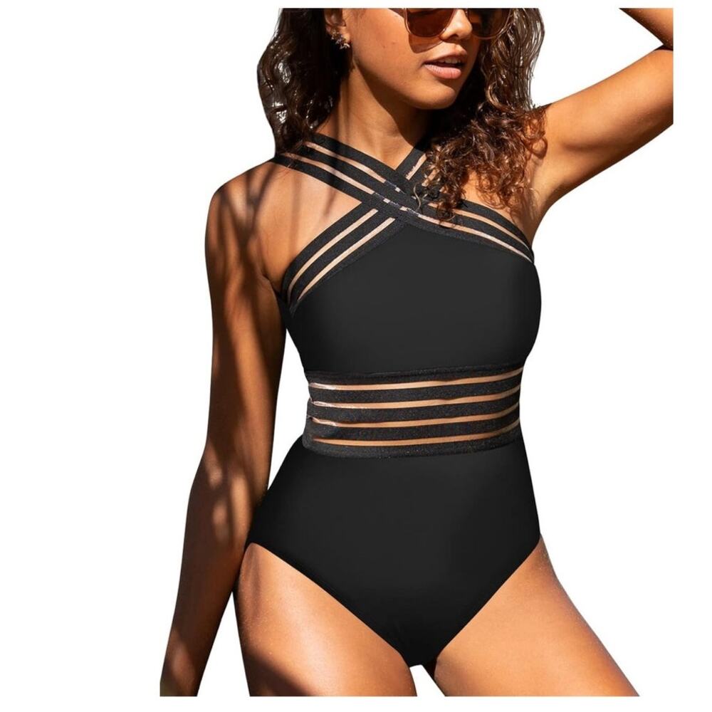 NWT Hilor Womens One Piece Front Crossover Mesh Detail Swimsuit‎ in Black Size M